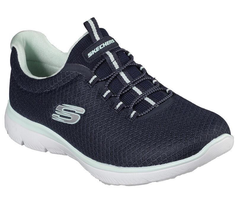 Women's Wide Fit Skechers 12980 Summits Slip On Sports Trainers - Navy/Aqua