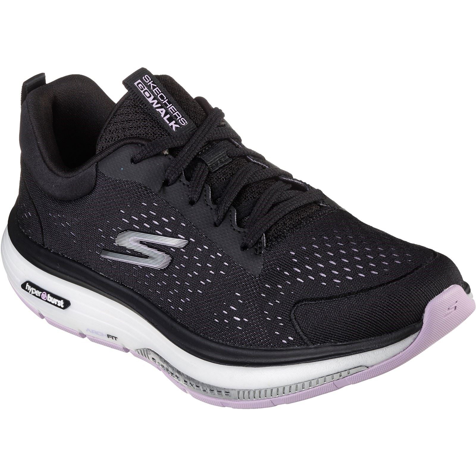 Women s Wide Fit Skechers 124933 Go Walk Workout Walker Trainers Black Lavender Skechers Wide Fit Shoes Wide Fit Shoes UK