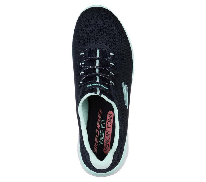 Women's Wide Fit Skechers 12980 Summits Slip On Sports Trainers - Navy/Aqua